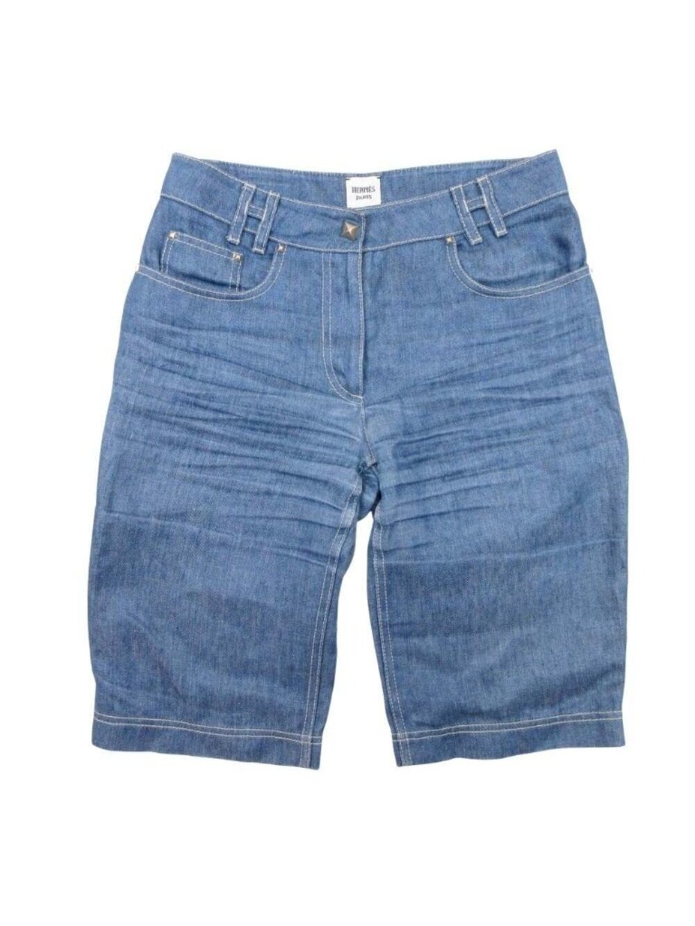 Hermes Medall Button Linen Denim Chambray Shorts H Logo Light Blue 34